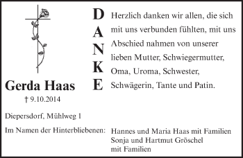 Traueranzeige von Gerda Haas von Pegnitz-Zeitung